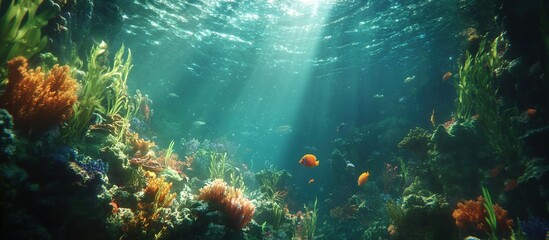 Naklejka premium Vibrant underwater scene with coral reef, diverse fish, and sunbeams penetrating the ocean.