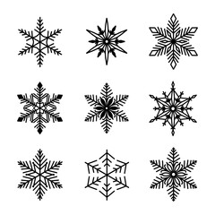Unique snowflakes set, detailed hand drawn flat vector line illustration. Graphic outline drawing. Christmas and New Year symbol. Beautiful snowflake silhouette icon for frosty winter designs.