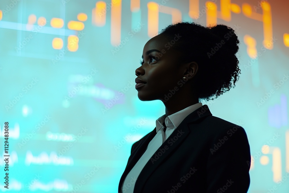 Poster businesswoman in suit with tablet computer working on virtual screen with graphs and charts