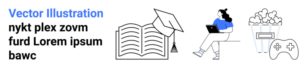 Open book, graduation cap, student with laptop, popcorn, and game controller. Ideal for education, student lifestyle, learning tools, leisure activities, gaming, popcorn snacks, productivity Landing