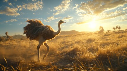 Ostrich running in golden savanna at sunset.