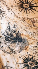 Vintage nautical map, antique style design with ship and compass.