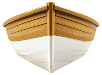 Wooden boat with white hull viewed from the front