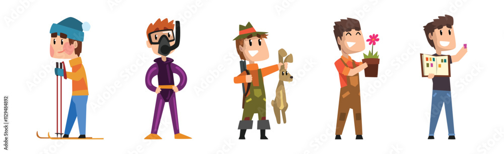 Poster man character engaged in different pastime and recreation activity vector set