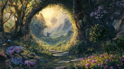 Mystical forest clearing with glowing light and a figure in the distance