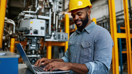Portrait confident african american male engineer working laptop in factory. Professional industrial worker with hardhat standing in manufacturing warehouse, smiling technology manager