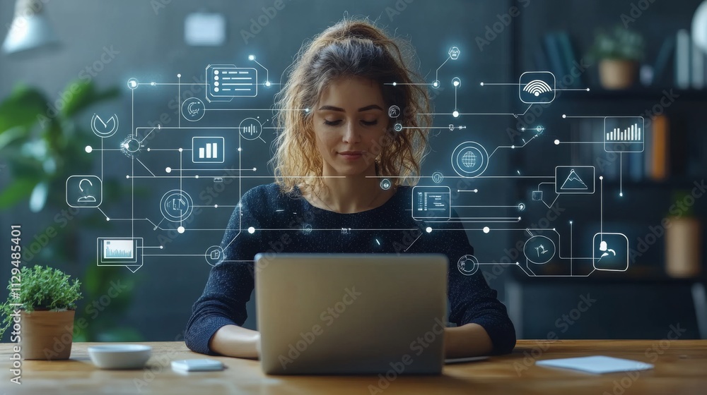 Poster virtual networking session with online platform and data visualization tools in a cozy workspace