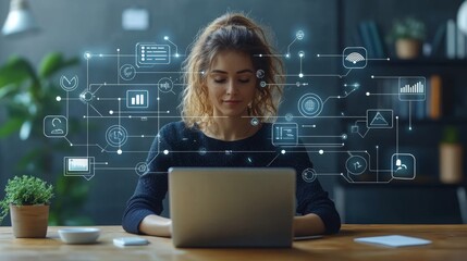 Virtual networking session with online platform and data visualization tools in a cozy workspace