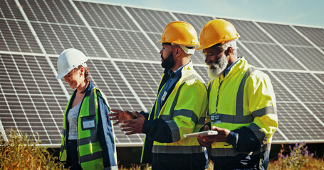 Business people, technician and discussion with solar panel for photovoltaic, PV installation or...