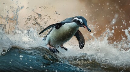 Fototapeta premium Penguin surfing ocean wave.