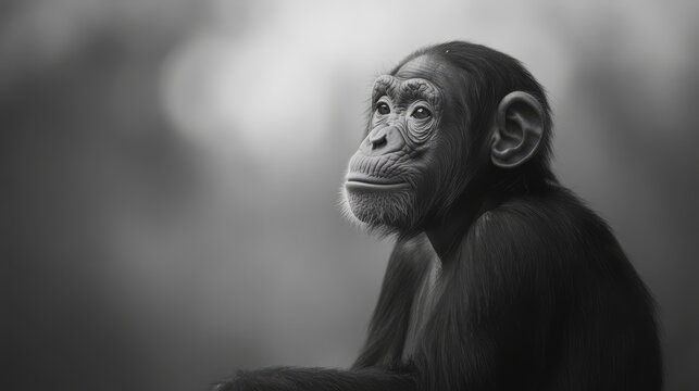 Pensive chimpanzee portrait, monochrome.
