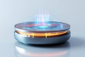 high quality stock photo of glowing holographic display interface projected from smooth metallic base on white solid