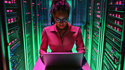 african american businesswoman working on laptop in server room. Young female technician analyzing data on computer, examining network technology in modern digital database center.