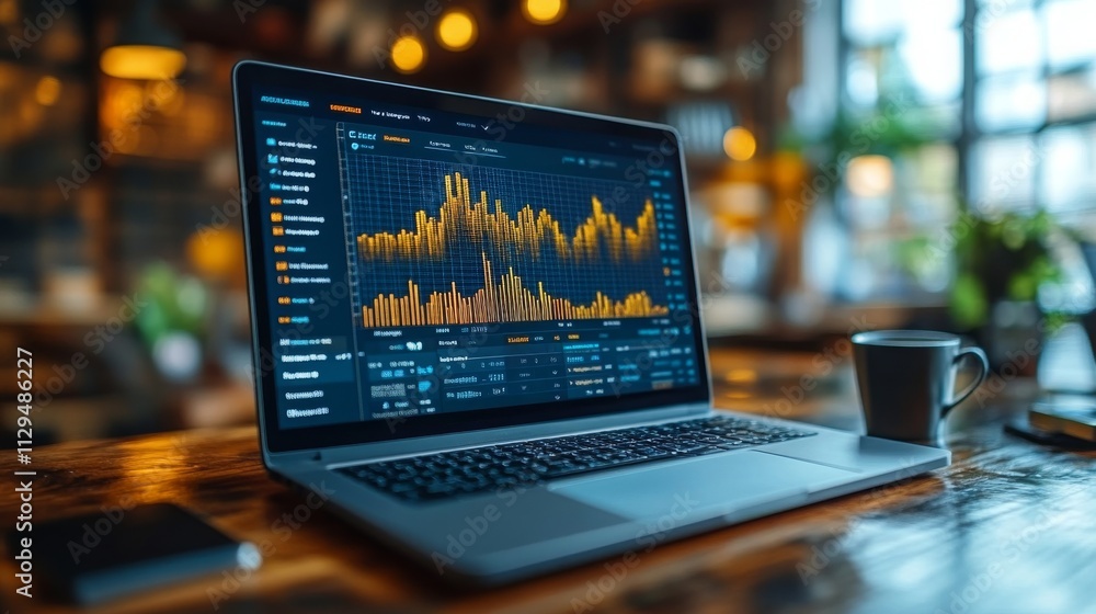 Poster analyzing ai-driven credit data on a laptop in a cozy cafe environment
