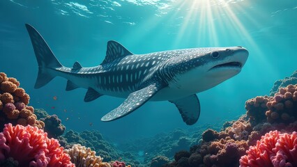 Fototapeta premium Whale shark gracefully swimming through a vibrant coral reef, showcasing the beauty of marine life and the importance of protecting their habitat.