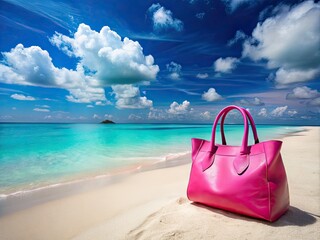 A chic pink handbag, captured from above, showcases summer luxury. Drone photography highlights its stylish design.