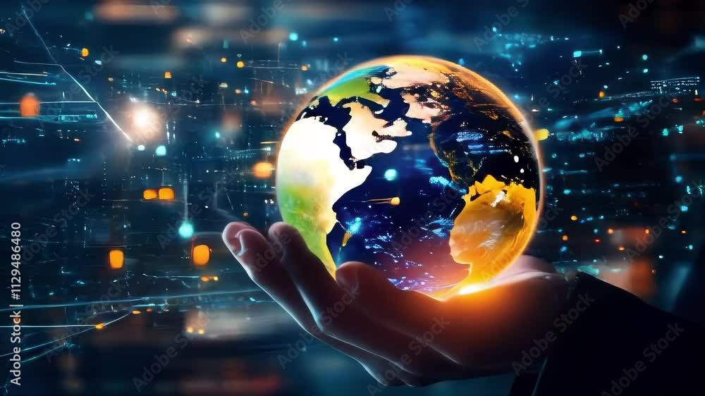 Poster a hand holds a digital earth with data streams, ideal for technology, future, and global concepts.. 