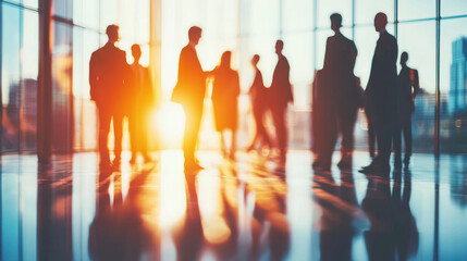 Silhouettes of business people in the corridor a modern office building. Businessmen and businesswomen walking in motion, teamwork concept in corporate interior space.