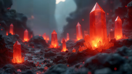A Striking Fantasy World of Unique Glowing Hell Crystals in a Fiery Landscape