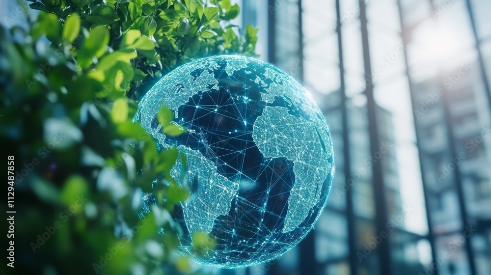 Poster a digital representation of earth surrounded by greenery symbolizes the intersection of technology a