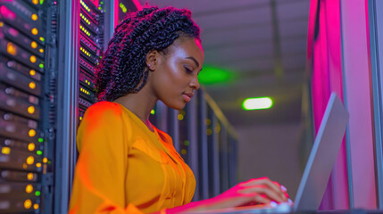 african american technician working with laptop in data center. Modern networking technology and database connection expertise in professional server industry