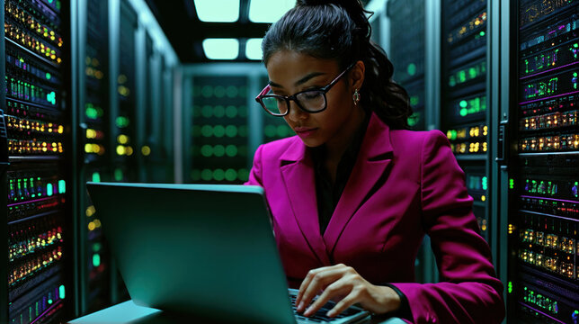 young african american businesswoman working laptop in server room. Technology networking success. female manager standing in modern data, confidence in cyberspace communication and internet business.
