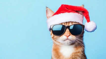 Ginger cat wearing sunglasses and santa hat on blue background
