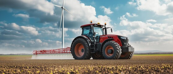 AI generated images of farmer using a tractor, tractor Agriculture to adjust the conditions of planting plots Suitable for farming . Aerial view of a Tractor fertilizing a cultivated agricultural fiel