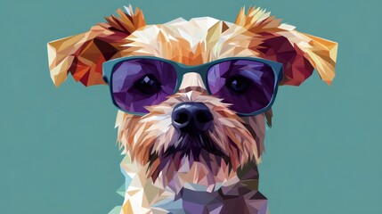 Geometric yorkshire terrier dog wearing sunglasses on turquoise background