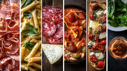 italian cuisine collage featuring pasta salami bruschetta and fresh basil for gourmet food lovers