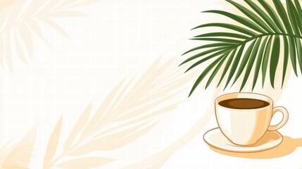 A white coffee cup sits on a saucer in front of a leafy green palm tree. Illustration