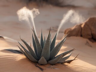 Desert plant emitting steam in arid landscape with sand and rocks.
