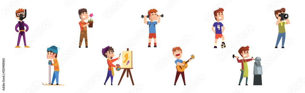 Poster man character engaged in different pastime and recreation activity vector set
