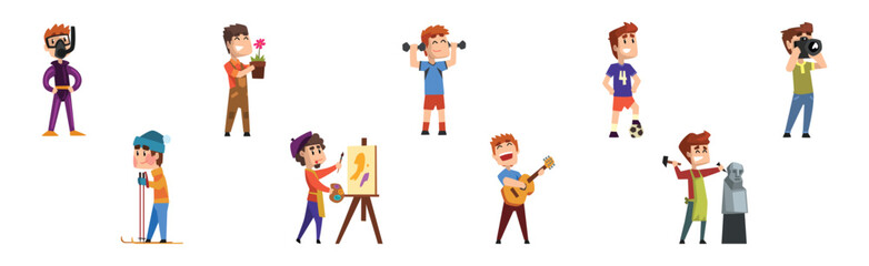 Man Character Engaged in Different Pastime and Recreation Activity Vector Set