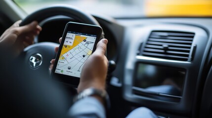 A person using a smartphone for navigation while driving inside a vehicle.