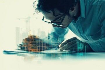 A focused professional meticulously working on architectural designs, integrating modern technology with traditional drafting techniques, revealing creativity and innovation in bus