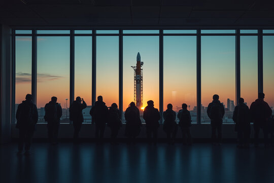 International scientists observe rocket launch at sunset from building with large windows