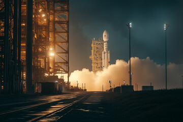 Engineers coordinate final preparations for the Mars launch at the space launch facility during nighttime