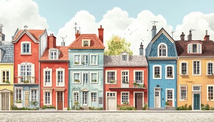 Naklejka premium A charming row of colorful houses with distinct architectural features, set against a serene backdrop of fluffy clouds and soft colors.