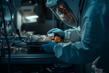Engineers carefully place Martian rock samples for analysis in a controlled laboratory environment on Earth