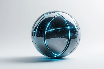 high quality stock photo of sleek metallic sphere with glowing blue lines resting on white solid background