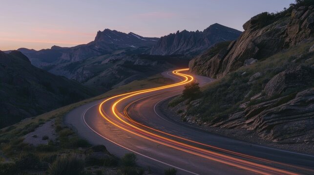 Light trails from car headlights illuminate the steep curves of a mountain road leading to a breathtaking mountain peak.