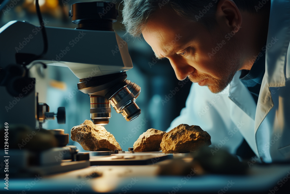 Poster scientists analyze martian rock samples under microscope in laboratory setup