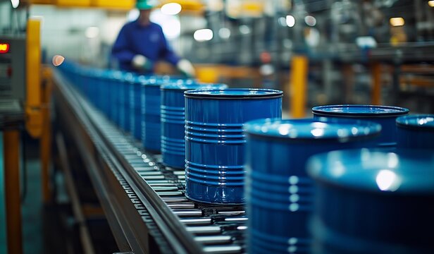 AI generator images of canned beverage factory, conveyor belt in can factory,Empty new aluminum cans for drink process in factory line on conveyor belt machine at beverage manufacturing. food and beve