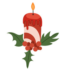 Beautiful candle with a sprig of rowan. Festive home decor. Cozy burning candle for the Christmas holidays. Modern hand-drawn vector illustration. Flat style. Isolated on a white background.
