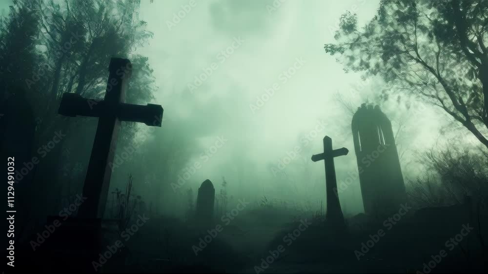 Poster fog rolls through a graveyard with crosses and tombstones, creating a spooky and mysterious atmosphe