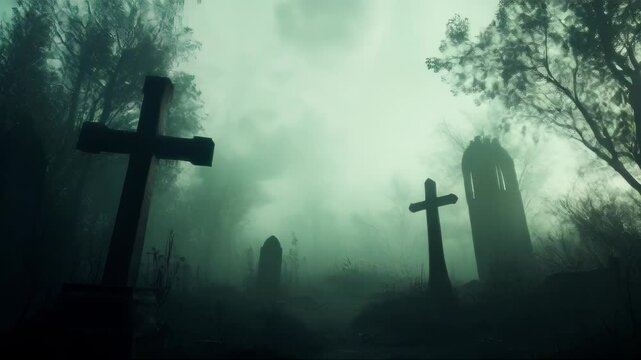 Fog rolls through a graveyard with crosses and tombstones, creating a spooky and mysterious atmosphere. Ideal for Halloween or horror projects.. AI Generation