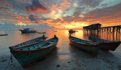 Fototapeta premium AI Generator pictures rowing boats along sandy beaches, sea dams, and rivers. with a mountain backdrop Sunrise time, sunset time, twilight time