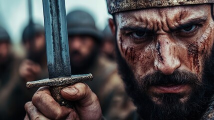 A fierce warrior clutching a sword with an intense expression, captured in a dramatic battle scene that highlights themes of bravery, conflict, and human resilience in challenging situations.