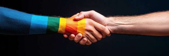 Unity Through Handshake - Two hands clasped together, one with rainbow painted arm, symbolizes unity, acceptance, diversity, pride, and equality.